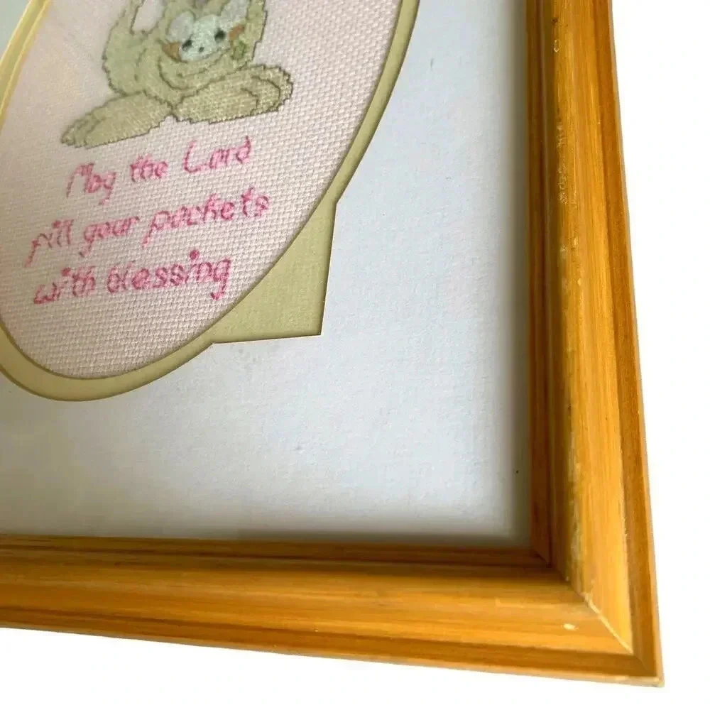 Precious Moments Vintage Cross Stitch Kangaroo Pockets Framed 14X10 Hand Crafted